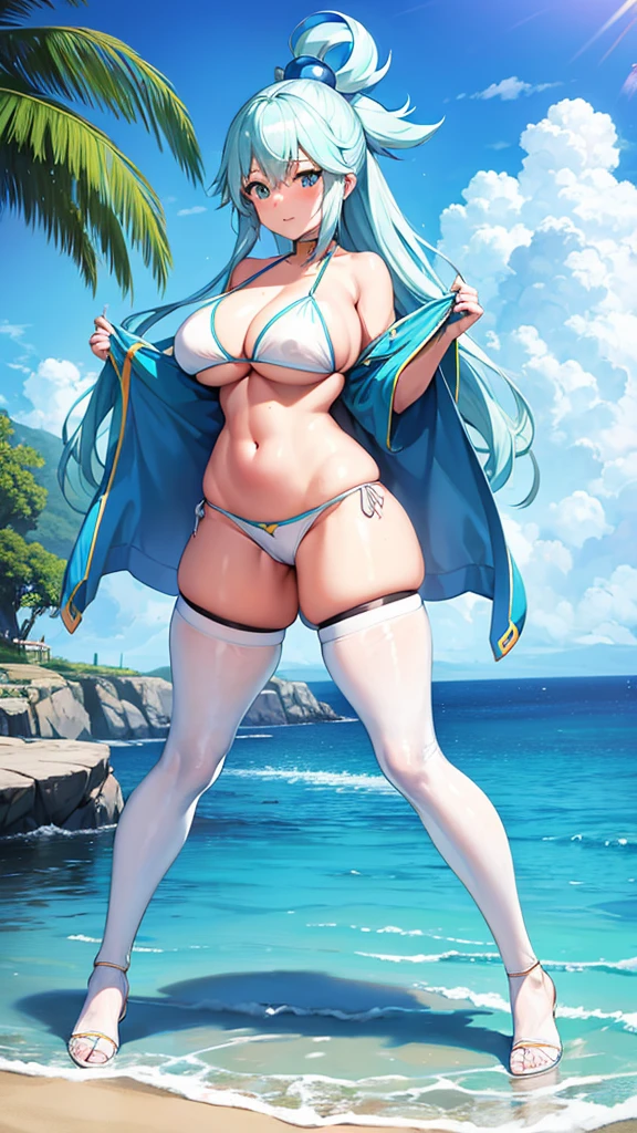 Aqua konosuba sexy  white bikini exposed nippls tight pants thick thighs full body beach background 