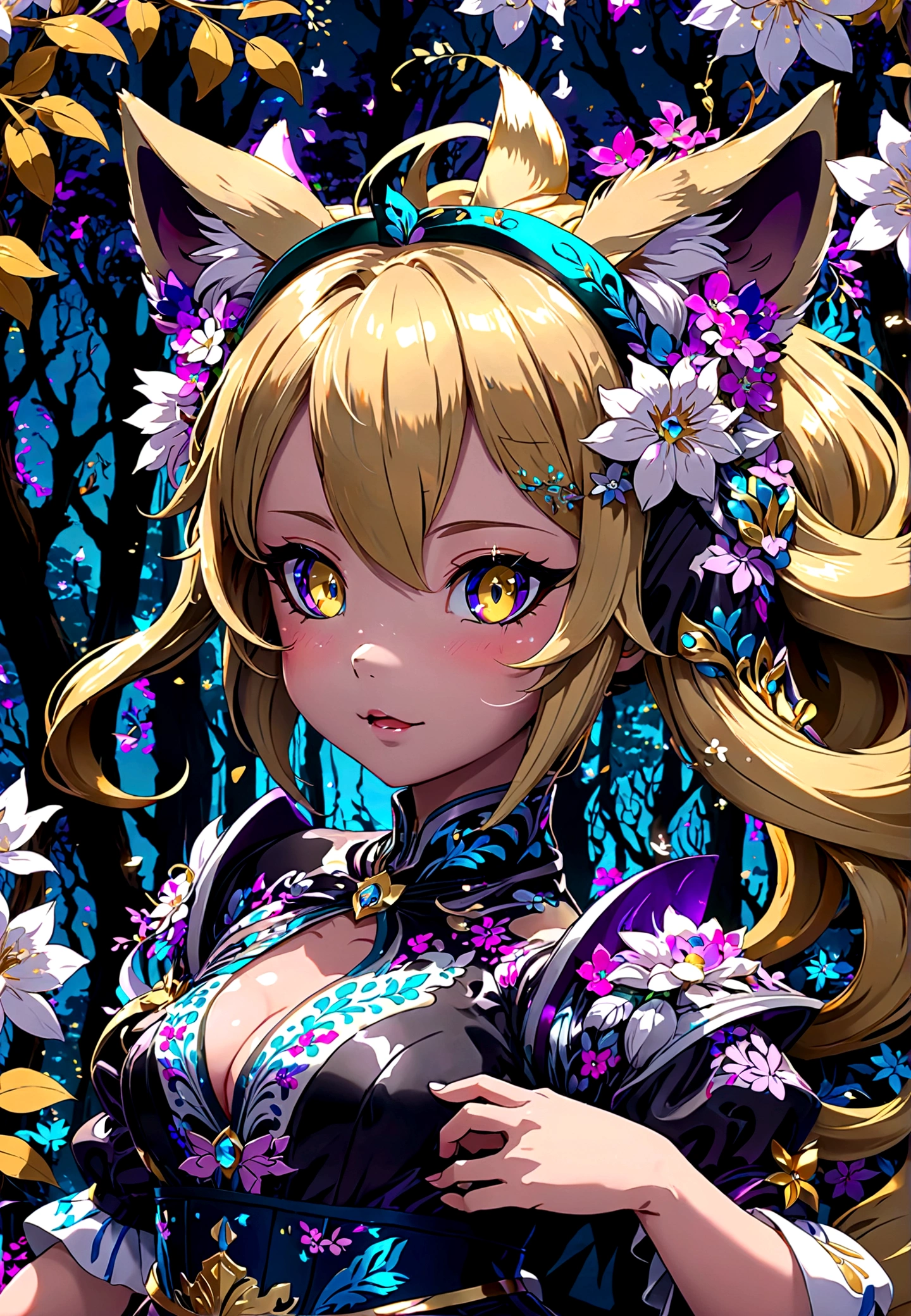 masterpiece, best quality, (Anime:1.4), two anthropomorphic fox-eared female characters, close together, intricate floral hair decorations, golden eyes, dark-haired character in dark outfit with golden accents and luminous blue patterns, blonde-haired character in golden outfit with detailed patterns, magical nighttime forest, glowing flowers and plants, soft luminous lighting, purple and blue tones, high detail, by Kuroneko, Artstation