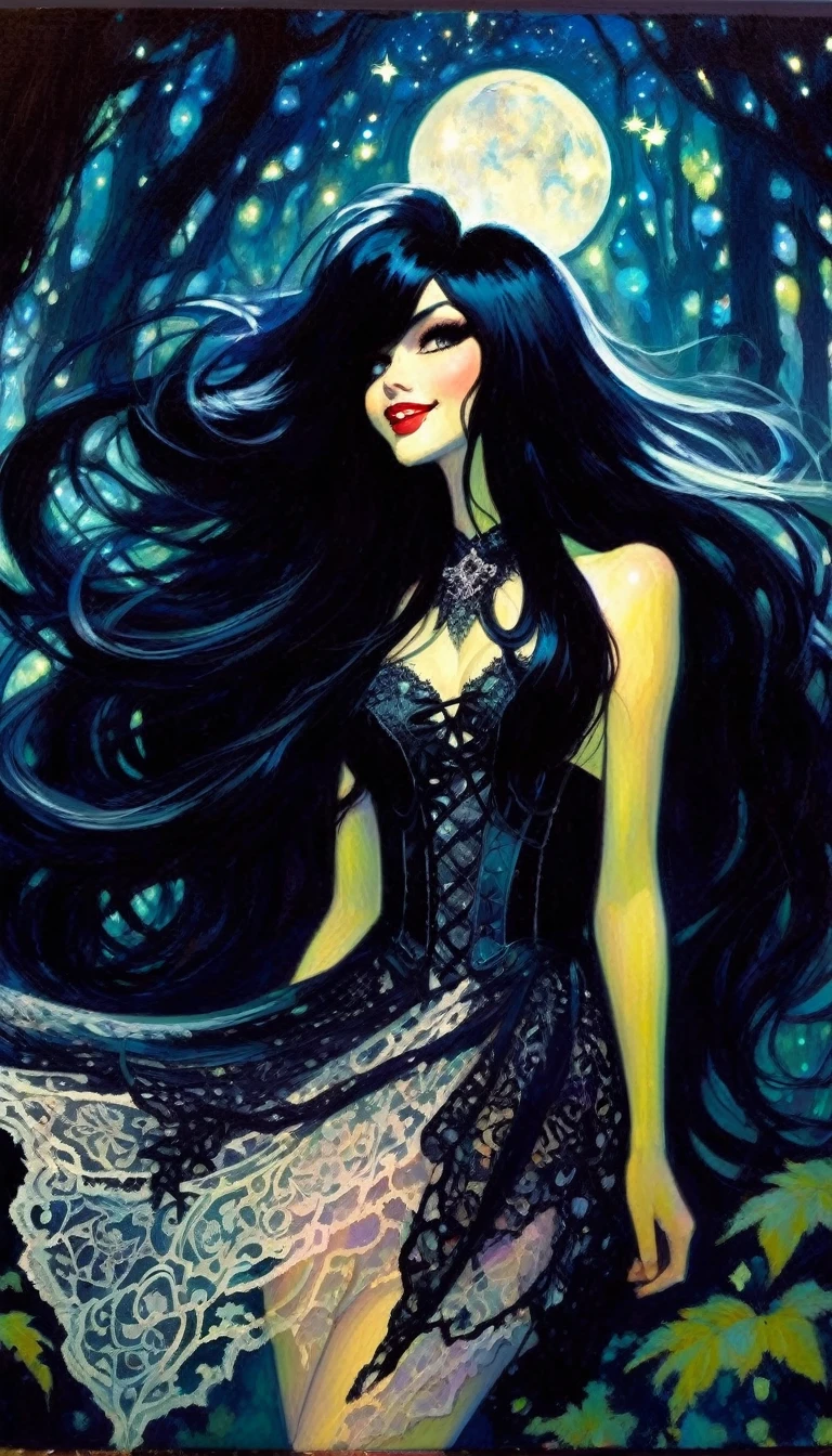 magical girl, very long black hair, very sexy lace dress, naked sinister forest, magic, fantastic, night sky, moons, stars, background, nsfw, face full week, week in face, week in body, all week full, smile, (art inspired by Bill Sienkiewicz). oil painting)

