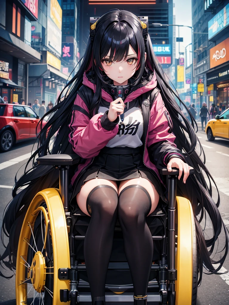 woman、Early 20s、cyber punk、Black Hair、Long Hair、Multicolored Hair、wheelchair、Golden Eyes、Face close-up、mini skirt、Black Stockings、clear