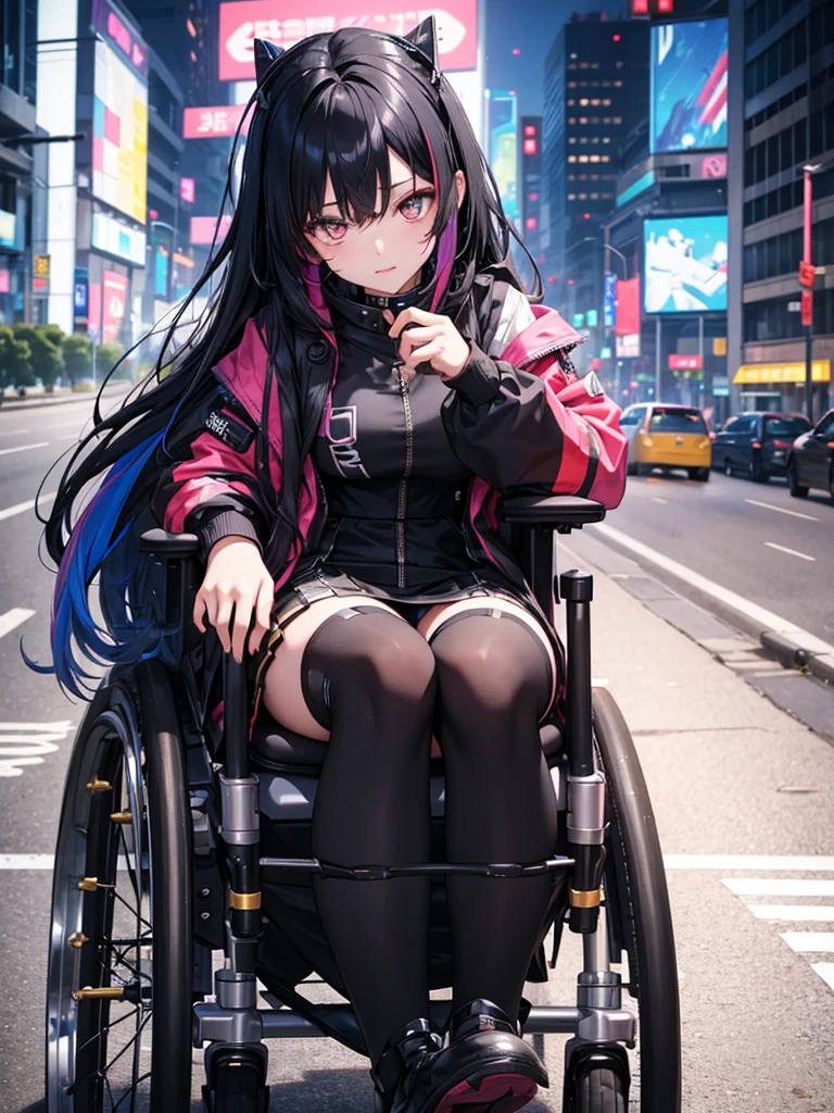 woman、Early 20s、cyber punk、Black Hair、Long Hair、Multicolored Hair、wheelchair、Golden Eyes、Face close-up、mini skirt、Black Stockings、clear