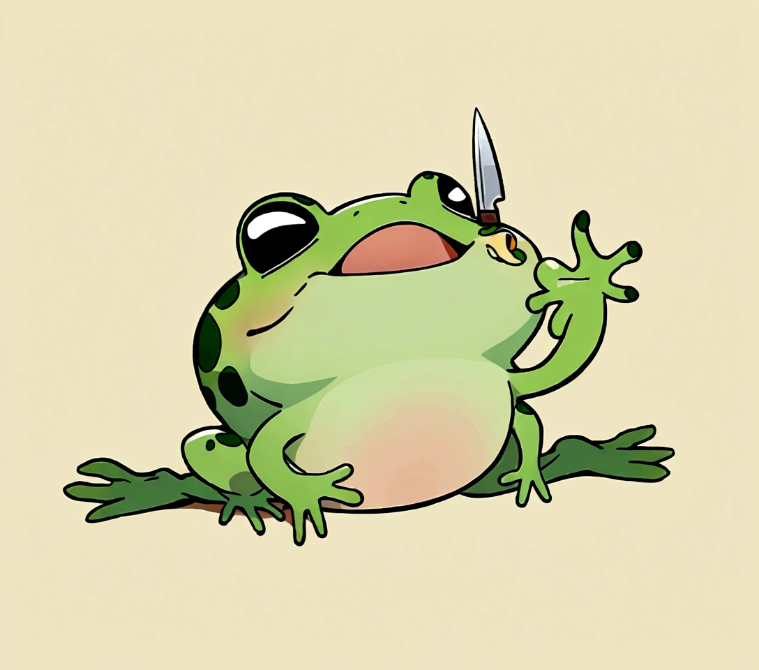 a cartoon frog holding a knife and a knife in its hand, cute frog, frog, with a cute toad, froggy, the wednesday frog, frog themed, peepo the frog!!!, frog - elephant creature, grogu, toad, frogzilla creature, alien frog, 🐿🍸🍋, jumping flying and eating frogs, big toad, frog head