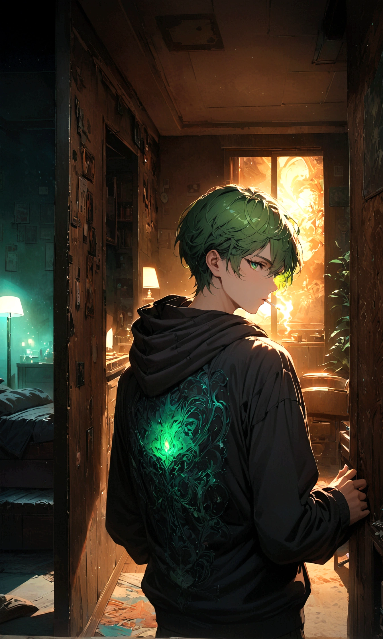 A young man with Green hair, green eyes, a black hoodie stood with his back turned half-face smoking a cigarette in his room at night.