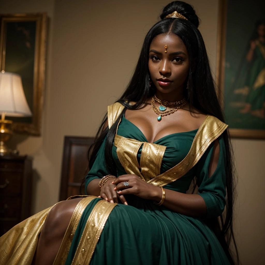 dark skin woman, orange eyes, Green and blue dress from the Victorian era, long black hair, pastel red lips, a ring on your finger, a gold necklace