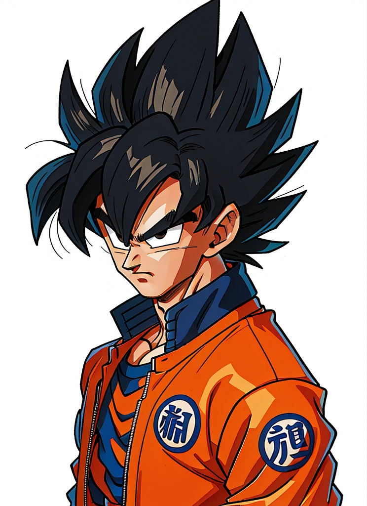1man, solo, (masterpiece), best quality, ultra-detailed, Son Goku from Dragon Ball Z, black hair, Retro style, full body. fashion cloth, blue jacket, orange shirt, fancy, portrait, upper body, face detail, eyes detail: 1.3, simple background, black eyes, orange shirt,(white background)