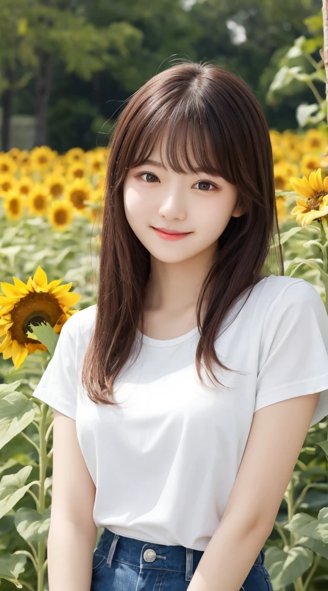 Tabletop, Highest quality, Very detailed, In detail, High resolution, 8k wallpaper, Beautiful big eyes,Black-haired、, Slender body、爽やかなsmile、Shows the whole body down to the waist、Very beautiful face,Very well-formed face、With sunflowers in the background、Beautiful girl wearing a short-sleeved shirt、smile、