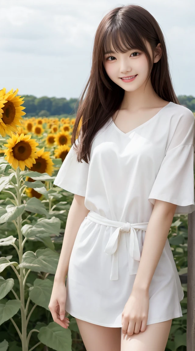 Tabletop, Highest quality, Very detailed, In detail, High resolution, 8k wallpaper, Beautiful big eyes,Black-haired、, Slender body、爽やかなsmile、Shows the whole body down to the waist、Very beautiful face,Very well-formed face、With sunflowers in the background、Beautiful girl wearing a short-sleeved shirt、smile、