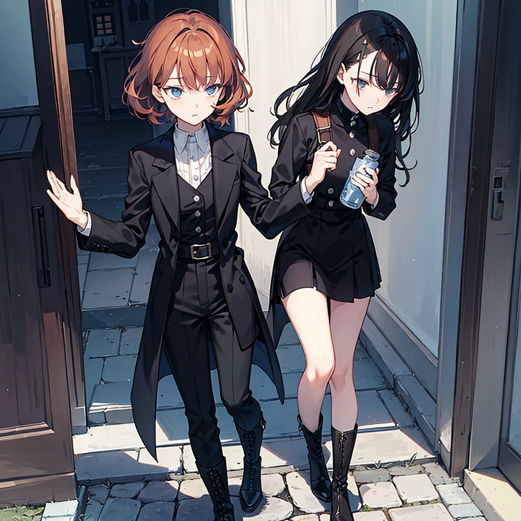There are just two person. The first person is a woman named Marnie. She has short, curly and wavy dark brown hair. She has black eyes. Her personality is calm, blank, introvert. She is wearing dark red suit. She is wearing white boots. She has black eyes. Her personality is blank, introverted and calm. The second person is a man named Noah. He has short, straight, ginger hair. He has green eyes. He is wearing a dark blue  He is wearing black boots. His personality is shy, energetic and extrovert. Noah is very clingy towards Marnie. 