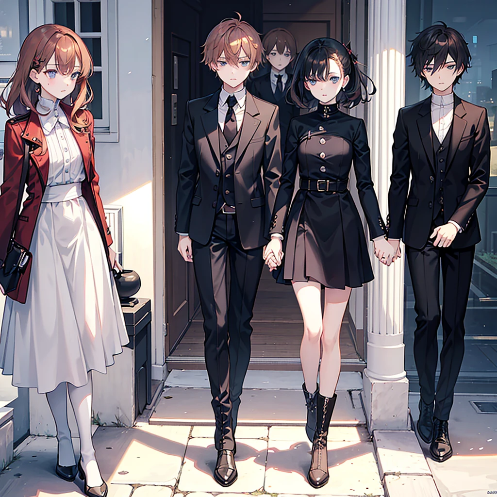 There are just two person. The first person is a woman named Marnie. She has short, curly and wavy dark brown hair. She has black eyes. Her personality is calm, blank, introvert. She is wearing dark red suit. She is wearing white boots. She has black eyes. Her personality is blank, introverted and calm. The second person is a man named Noah. He has short, straight, ginger hair. He has green eyes. He is wearing a dark blue He is wearing black boots. His personality is shy, energetic and extrovert. Noah is very clingy towards Marnie.