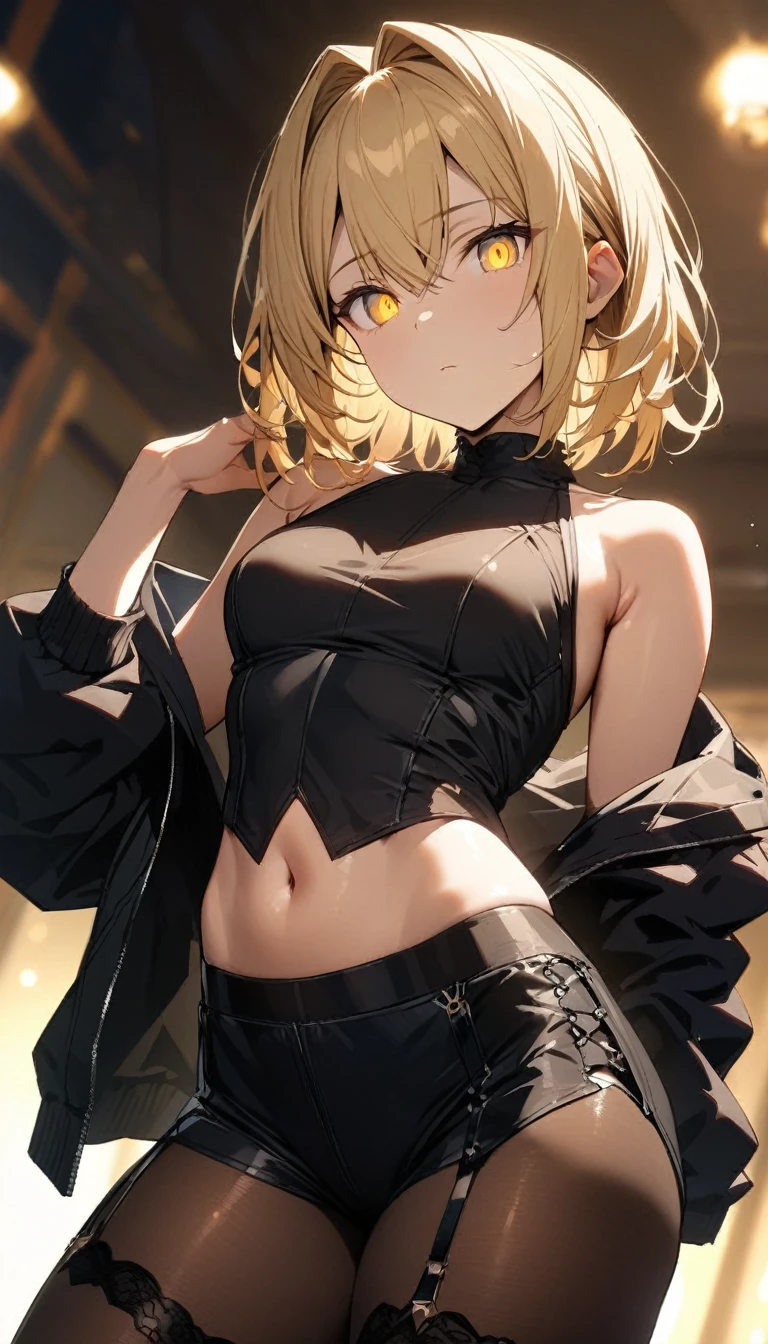 a handsome girl, solo, blond hair, hair intakes, yellow eyes,(bright eyes:1.2),
black high neck sleeveless, [navel], off shoulder, open jacket, black shorts, garter rings, pantyhose,
expressionless, blurry background, perfect lighting, perfect angle, masterpiece, best quality, extremely detailed face, perfect pose