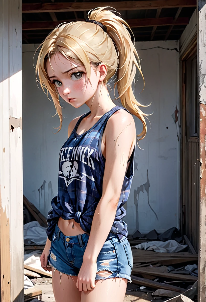 age girl, wiry, lean, dirty, grimy, uneven blonde hair with ponytail, wild, untamed, tight dirty tank top, oversized flannel shirt, torn denim shorts
