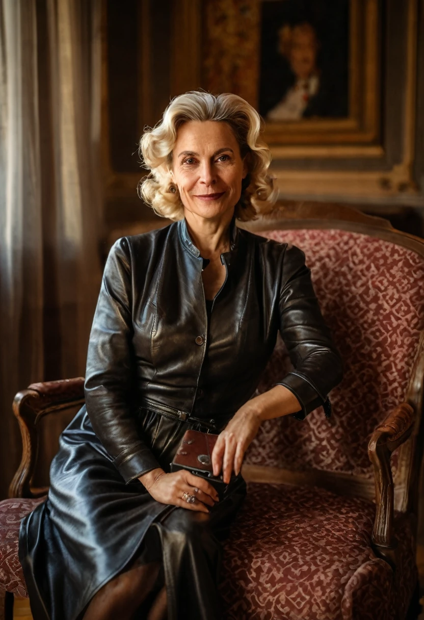 portrait of a 48 year old blonde french woman from 1940, Epochal dress, Genuine Leather, sitting takes a selfie like a smartphone, (living room with period furniture, soft and changing light: 1.2)