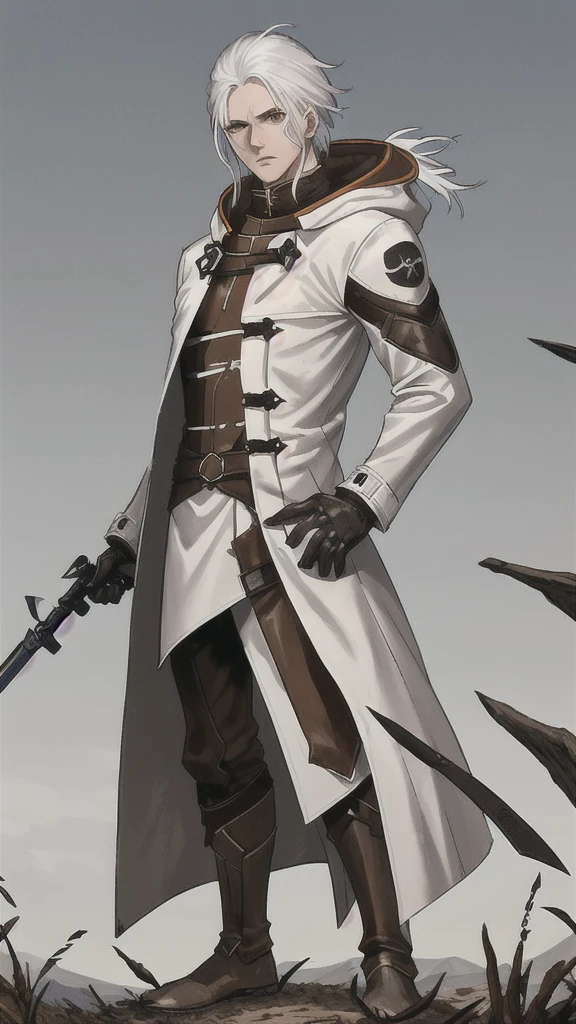 White hair brown leather hood, open coat, poor clothes, brown clothes, Young Adault, 20 year, muscular, shorth hair, White hair, eyes browns, detailedeyes, more detailedeyes weapons under coat, disarmed, Cao Cao, stark, scars, more detailed scars, work of art, dirt path background, fields background, adventure world