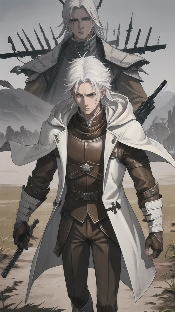 White hair brown leather hood, open coat, poor clothes, brown clothes, Young Adault, 20 year, muscular, shorth hair, White hair, eyes browns, detailedeyes, more detailedeyes weapons under coat, disarmed, Cao Cao, stark, scars, more detailed scars, work of art, dirt path background, fields background, adventure world