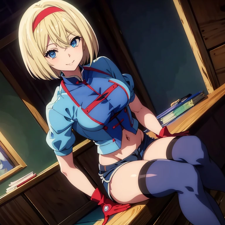 1 girl, solo, Alice Margatroid, Touhou, masterpiece, detailed, blue eyes, short blonde hair, red headband, smiling, bob cut, dark blue thigh highs, high top shoes, art tools, feminine shorts, blue crop top, opened  jacket, medium sized breasts, artist gloves, wide shot, puppet workbench