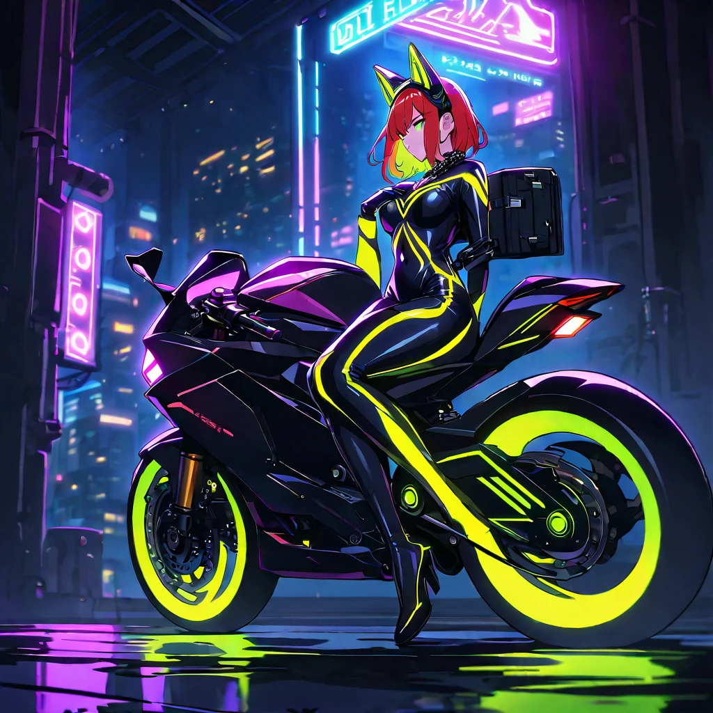 The image shows an illustrated character sitting on a motorcycle.. The character has short hair and wears a suit with black-violet colors and yellow neons that surround his prominent bodysuit.... The motorcycle looks big and futuristic., same color palette with elegant lines and luminous elements. The background suggests an urban environment illuminated with neon lights., possibly at night. There are various shapes and patterns reminiscent of digital or cybernetic motifs..., contributing to the overall sci-fi look of the image.. I imagine this girl with a futuristic appearance and full of mystery.. His body is wrapped in a purple and black jumpsuit.., Shiny chains entwine around his arms and legs., as if they were metallic tattoos. The three-strand necklace, with its padlock in the shape of digits, It is their symbol of submission and devotion.. Her red hair falls in waves over her shoulders..., and his green eyes shine with a mixture of passion and obedience. The black dress fits her curves., enhancing her voluptuous figure. Each chain that tightens around her skin is a reminder of her role as a beloved slave.... In the dark garage, the girl prepares for her master. The cyberpunk motorcycle awaits you, Its shiny surface reflects the neon lights of the city. The cat-shaped helmet gives it a mysterious look., and the tail that extends from the back of the seat seems to have a life of its own. She rides the motorcycle with grace., speeding into the night. The wind whistles in his ears as he walks through the dark streets., ready to carry out your master&#39;orders. In this futuristic world, where technology and passion intertwine, she is his slave, your confidant and your lover. The girl with the chains and a cyberpunk motorcycle is an enigma, a mixture of desire and slavery. Their story unfolds under the twinkling lights of the city.., and his figure becomes a legend in the night streets. SIMILAR TO IP:but