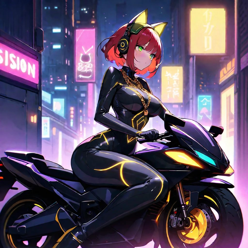 The image shows an illustrated character sitting on a motorcycle.. The character has short hair and wears a suit with black-violet colors and yellow neons that surround his prominent bodysuit.... The motorcycle looks big and futuristic., same color palette with elegant lines and luminous elements. The background suggests an urban environment illuminated with neon lights., possibly at night. There are various shapes and patterns reminiscent of digital or cybernetic motifs..., contributing to the overall sci-fi look of the image.. I imagine this girl with a futuristic appearance and full of mystery.. His body is wrapped in a purple and black jumpsuit.., Shiny chains entwine around his arms and legs., as if they were metallic tattoos. The three-strand necklace, with its padlock in the shape of digits, It is their symbol of submission and devotion.. Her red hair falls in waves over her shoulders..., and his green eyes shine with a mixture of passion and obedience. The black dress fits her curves., enhancing her voluptuous figure. Each chain that tightens around her skin is a reminder of her role as a beloved slave.... In the dark garage, the girl prepares for her master. The cyberpunk motorcycle awaits you, Its shiny surface reflects the neon lights of the city. The cat-shaped helmet gives it a mysterious look., and the tail that extends from the back of the seat seems to have a life of its own. She rides the motorcycle with grace., speeding into the night. The wind whistles in his ears as he walks through the dark streets., ready to carry out your master&#39;orders. In this futuristic world, where technology and passion intertwine, she is his slave, your confidant and your lover. The girl with the chains and a cyberpunk motorcycle is an enigma, a mixture of desire and slavery. Their story unfolds under the twinkling lights of the city.., and his figure becomes a legend in the night streets. SIMILAR TO IP:but