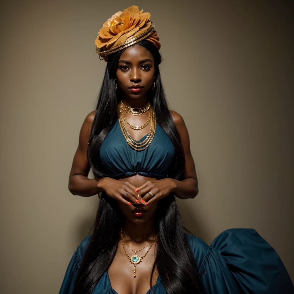 dark skin woman, orange eyes, Green and blue dress from the Victorian era, long black hair, pastel red lips, a ring on your finger, a gold necklace