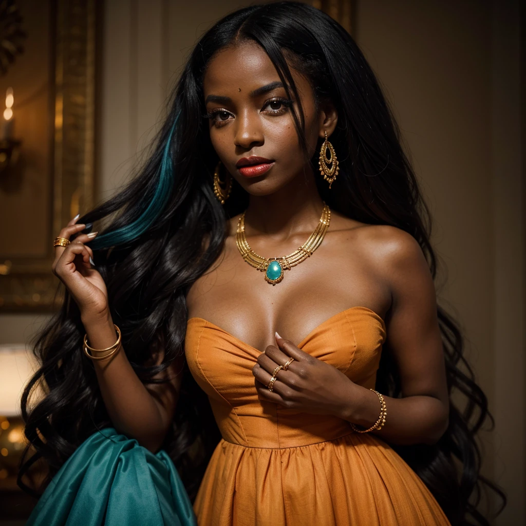 dark skin woman, orange eyes, Green and blue dress from the Victorian era, long black hair, pastel red lips, a ring on your finger, a gold necklace