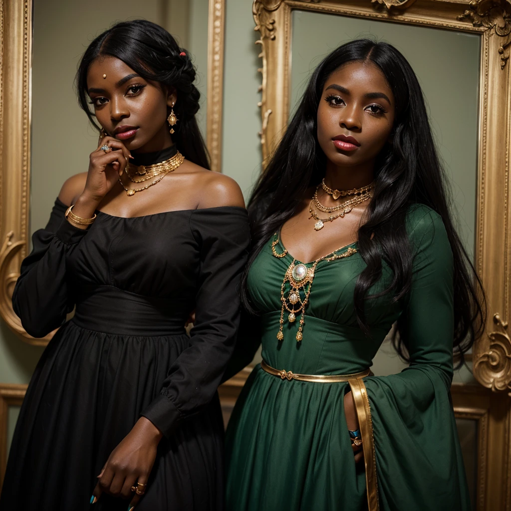 dark skin woman, orange eyes, Green and blue dress from the Victorian era, long black hair, pastel red lips, a ring on your finger, a gold necklace