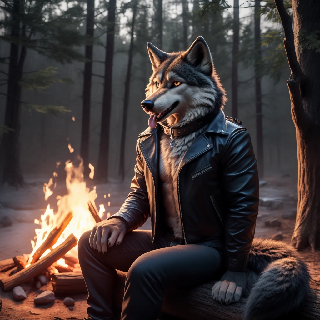 Sitting in front of campfire on log, Male, 30 years old, happy, mouth open with tongue hanging out, black leather jacket, anthro, wolf ears, (black fur:1.5), wolf, forest background, 8k, hi res, (best quality, masterpiece), (wolf tail:1.5), detailed fur, solo, looking at camera, night, leashing and collar,