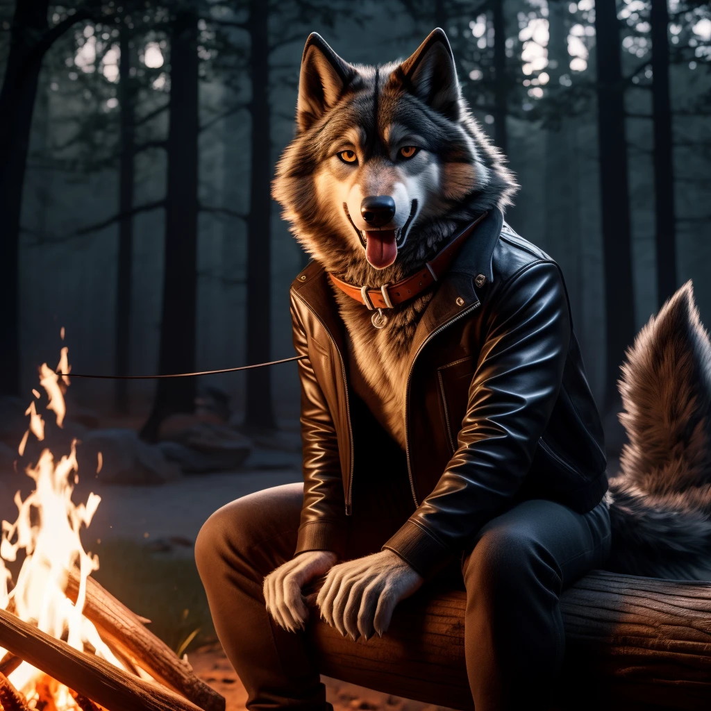 Sitting in front of campfire on log, Male, 30 years old, happy, mouth open with tongue hanging out, black leather jacket, anthro, wolf ears, (black fur:1.5), wolf, forest background, 8k, hi res, (best quality, masterpiece), (wolf tail:1.5), detailed fur, solo, looking at camera, night, leashing and collar,