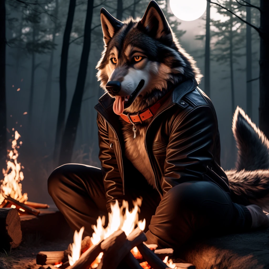 Sitting in front of campfire on log, Male, 30 years old, happy, mouth open with tongue hanging out, black leather jacket, anthro, wolf ears, (black fur:1.5), wolf, forest background, 8k, hi res, (best quality, masterpiece), (wolf tail:1.5), detailed fur, solo, looking at camera, night, leashing and collar,