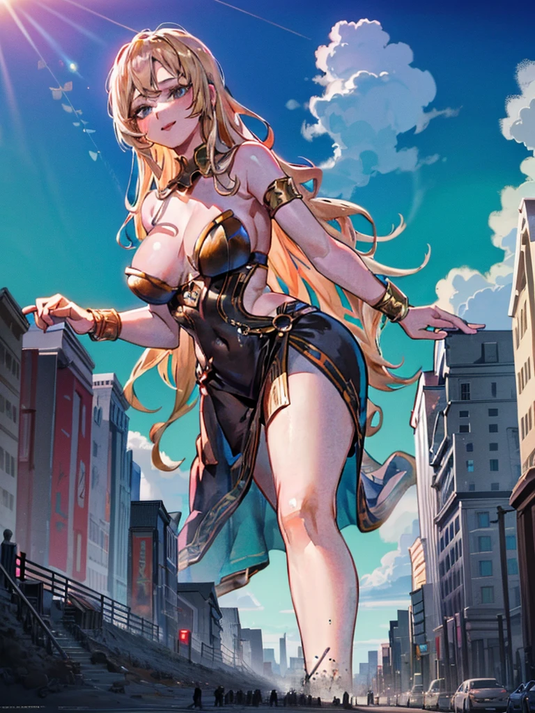 Valeria, a titanic 58-meter goddess, rises from a cliff at dawn, her bronze skin glistening in the first rays of the sun. Her golden, wavy hair cascades down her back and shoulders. Standing on a vast plain, her posture is firm and provocative, one leg slightly forward and one hand resting on her hip. Her piercing, lustful eyes watch the people at her feet, captivated by her magnetic presence. Her lips curl into a seductive smile and her divinely sculpted body exudes an aura of overwhelming eroticism, casting a spell of desire and adoration over all who gaze upon her.