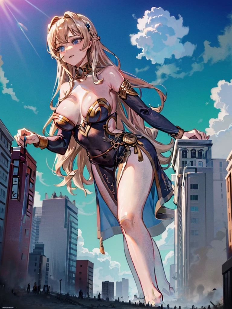 Valeria, a titanic 58-meter goddess, rises from a cliff at dawn, her bronze skin glistening in the first rays of the sun. Her golden, wavy hair cascades down her back and shoulders. Standing on a vast plain, her posture is firm and provocative, one leg slightly forward and one hand resting on her hip. Her piercing, lustful eyes watch the people at her feet, captivated by her magnetic presence. Her lips curl into a seductive smile and her divinely sculpted body exudes an aura of overwhelming eroticism, casting a spell of desire and adoration over all who gaze upon her.