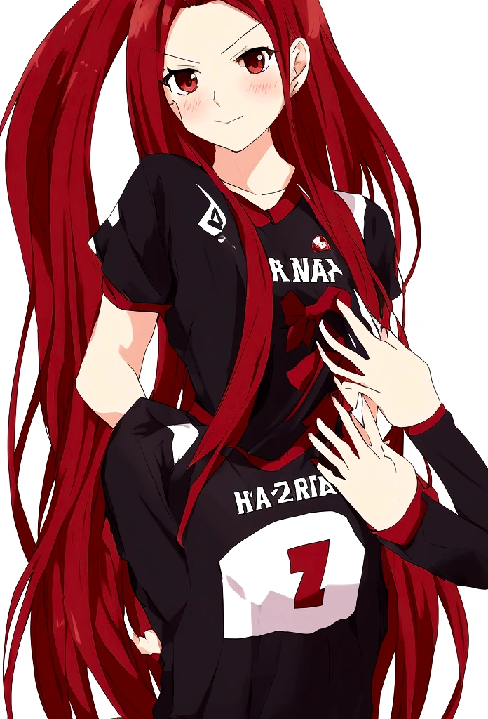 anime girl with red long hair and black shirt posing for a picture, Generate an image of Erza Scarlet from 'Fairy Tail' dressed in the Karasuno High School volleyball team uniform from 'Haikyuu!!', complete with the number 1 on her jersey. She should be standing confidently on a volleyball court."