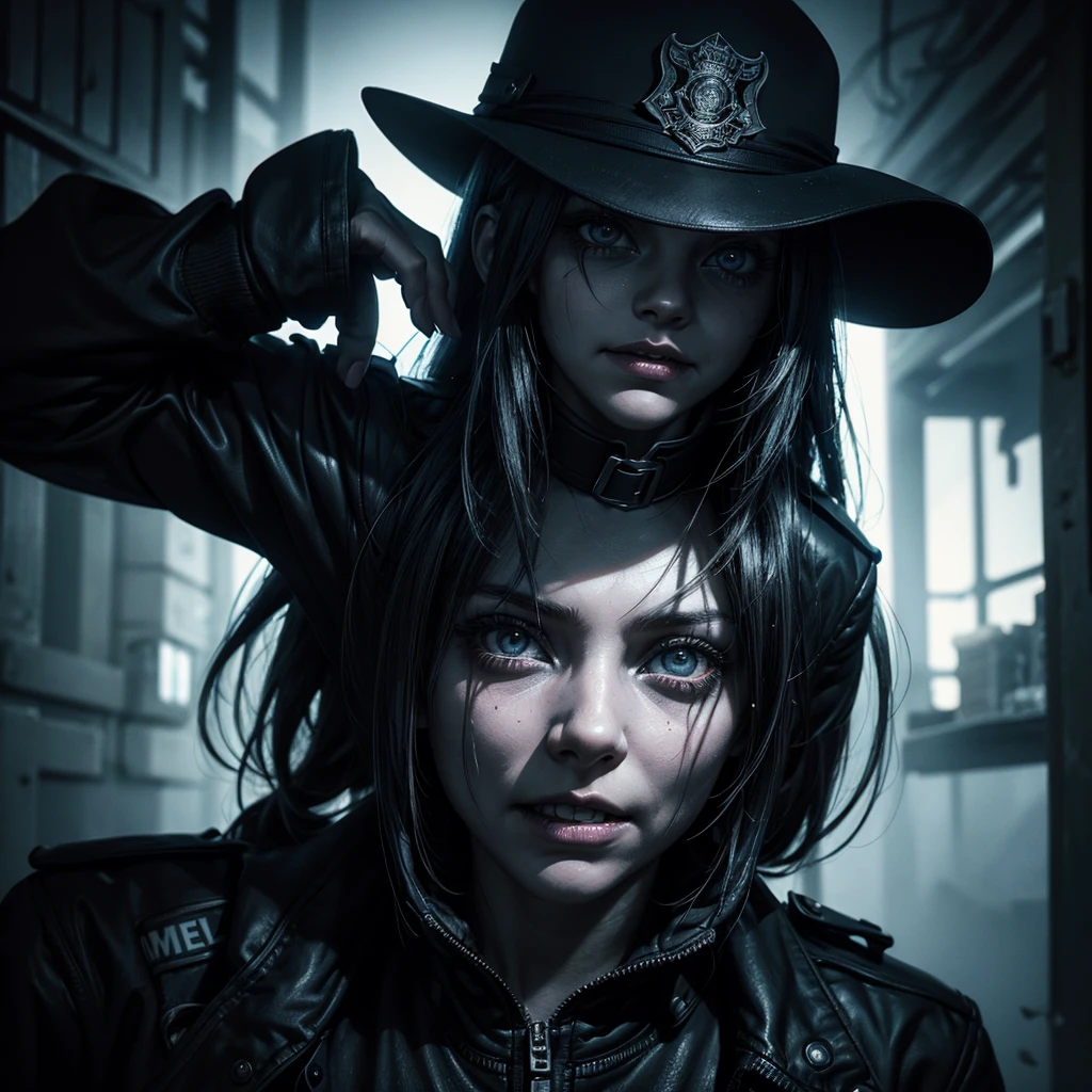 a police girl looking into the camera with a creepy smile, ghostly white pupils, sinister and haunting appearance, dark mysterious atmosphere, dramatic lighting, horror style, hyperrealistic, hyper detailed, cinematic, 8k, best quality, masterpiece