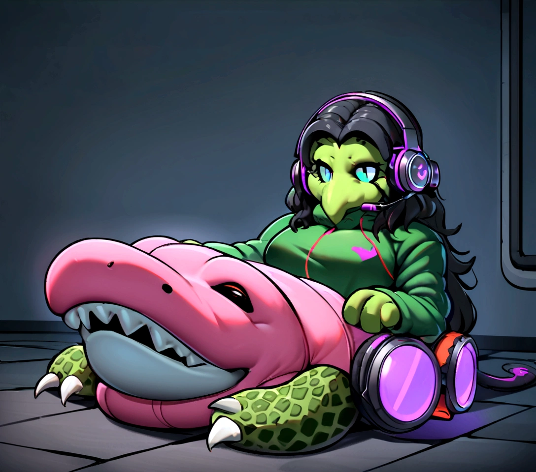 there is a stuffed animal with headphones on sitting on the floor, he has headphones, 🐋 as 🐘 as 🤖 as 👽 as 🐳, twitch streamer / gamer ludwig, with head phones, gamer themed, wearing a gaming headset, mech shaped like a manatee, wearing gaming headset, gamer aesthetic, thicc, crocodile loki, anthropomorphic alligator