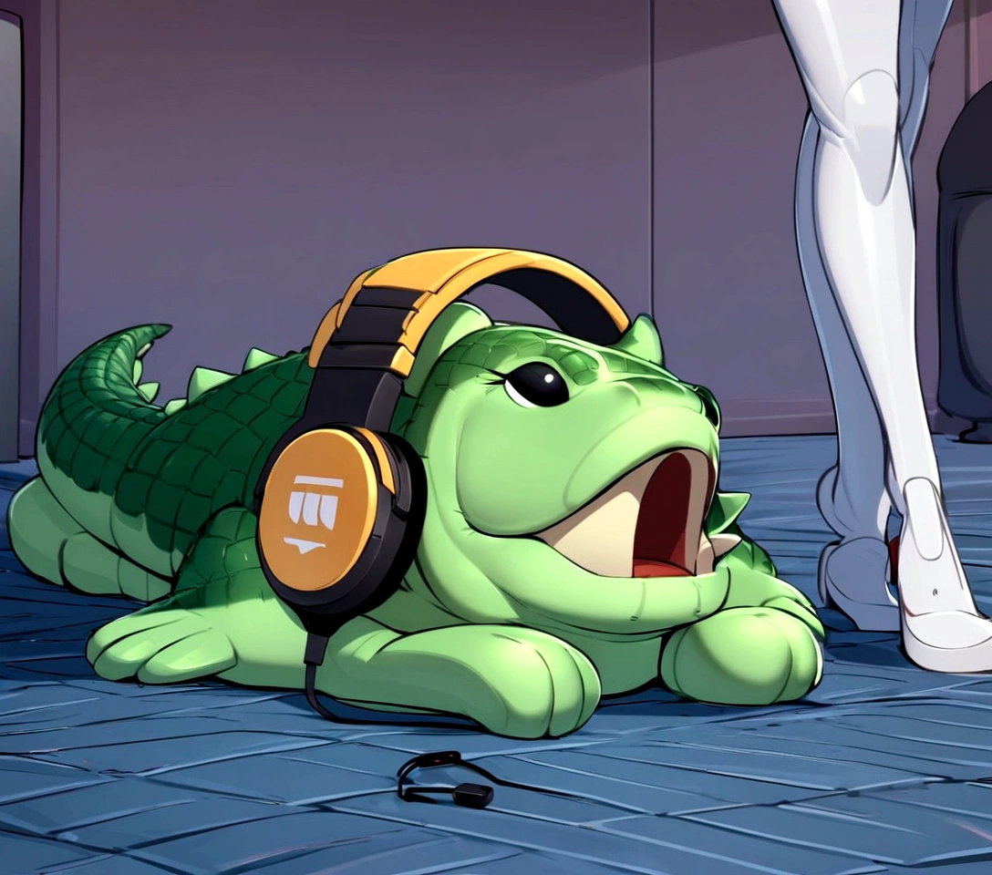there is a stuffed animal with headphones on sitting on the floor, he has headphones, 🐋 as 🐘 as 🤖 as 👽 as 🐳, twitch streamer / gamer ludwig, with head phones, gamer themed, wearing a gaming headset, mech shaped like a manatee, wearing gaming headset, gamer aesthetic, thicc, crocodile loki, anthropomorphic alligator