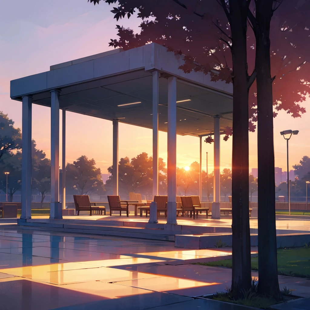 CENTRALIZED plaza seating, sunset, with trees around