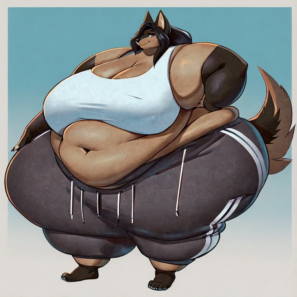 Wolf, female, ????????????, huge ????, huge thighs, plump, voluptuous, long hair, massive figure, gorgeous, beautiful, eyelashes, top heavy, bottom heavy,fat arms, fat legs, overweight,crop top, sweatpants, barefoot 