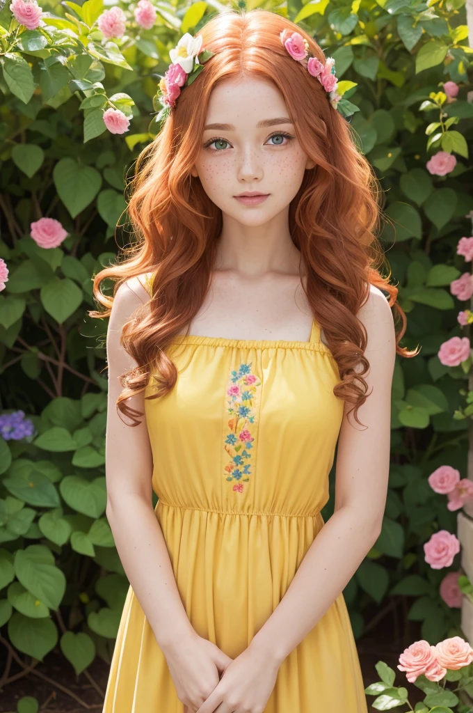 One with reddish red wavy hair, blue eyes and light brown skin, medium yellow, round face with freckles and dimples, She is wearing a yellow dress with embroidered pink flowers and has a pink bow on her head, She is in a green and flowery garden