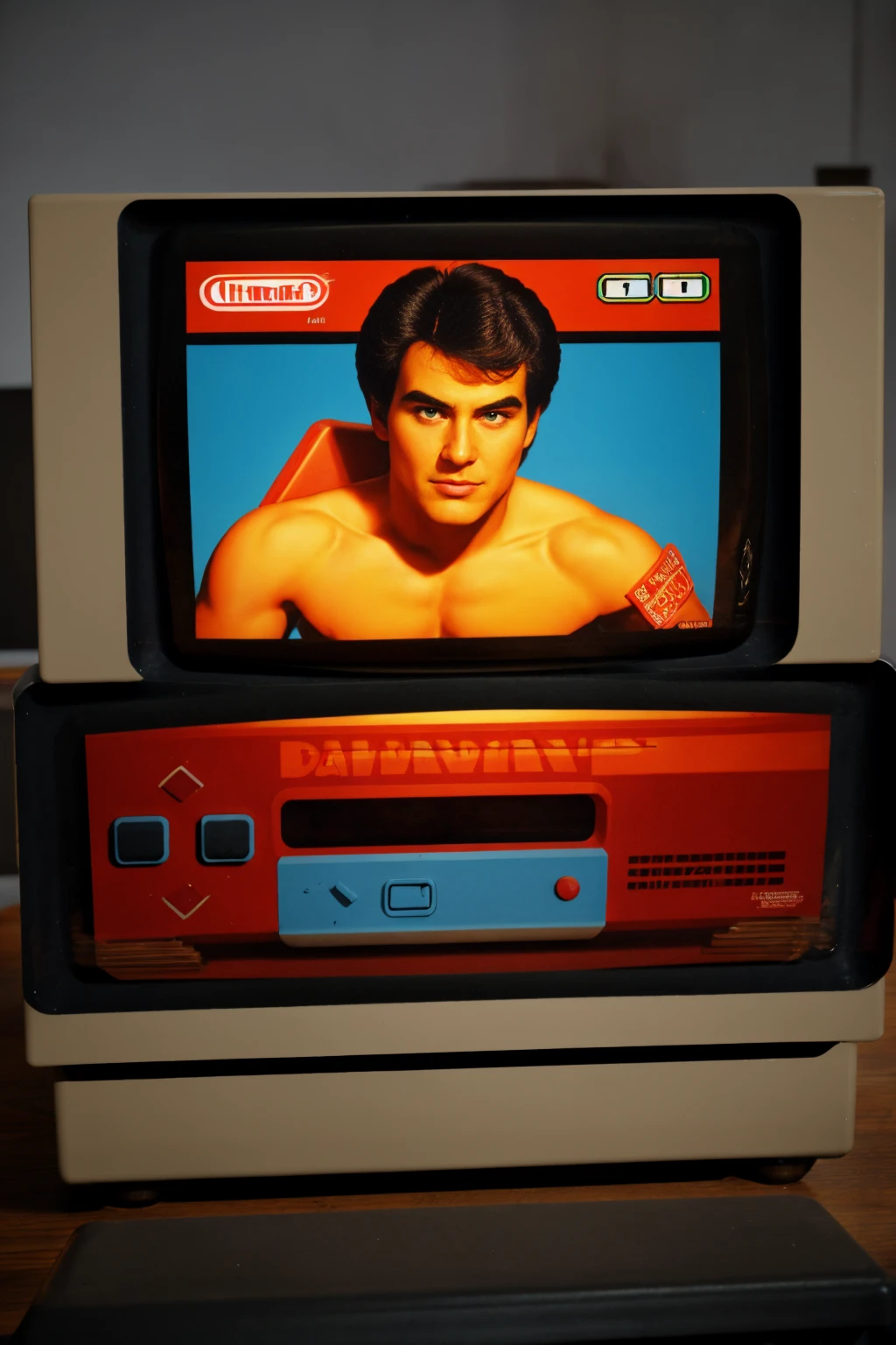 a man sitting on a couch, playing a Nintendo video game, 1980s, nostalgic, living room interior, retro aesthetic, warm lighting, film grain, detailed facial features, expressive hands, relaxed pose, 80s atmosphere, vintage video game console, classic Nintendo controller, Saturday morning,