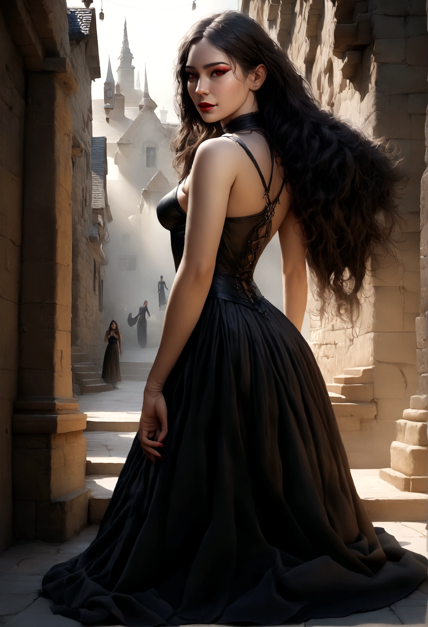(best quality,4k,8k,highres,masterpiece:1.2),ultra-detailed,(realistic,photorealistic,photo-realistic:1.37), anime goth korean girl, gothic,1woman,dark town,red eyes,dark ambient,low saturation,anime style,pale skin,long flowing hair,gothic clothing,silhouette,surreal background,mysterious atmosphere,intense emotions,melancholic expression,lens flare,dramatic shadows,symbolic elements,heavy makeup,pale and dark colors,misty fog,ethereal beauty,subtle texture, dark makeup, back shot , full body, wicked smile, seductive witch, the "S" curve model pose

