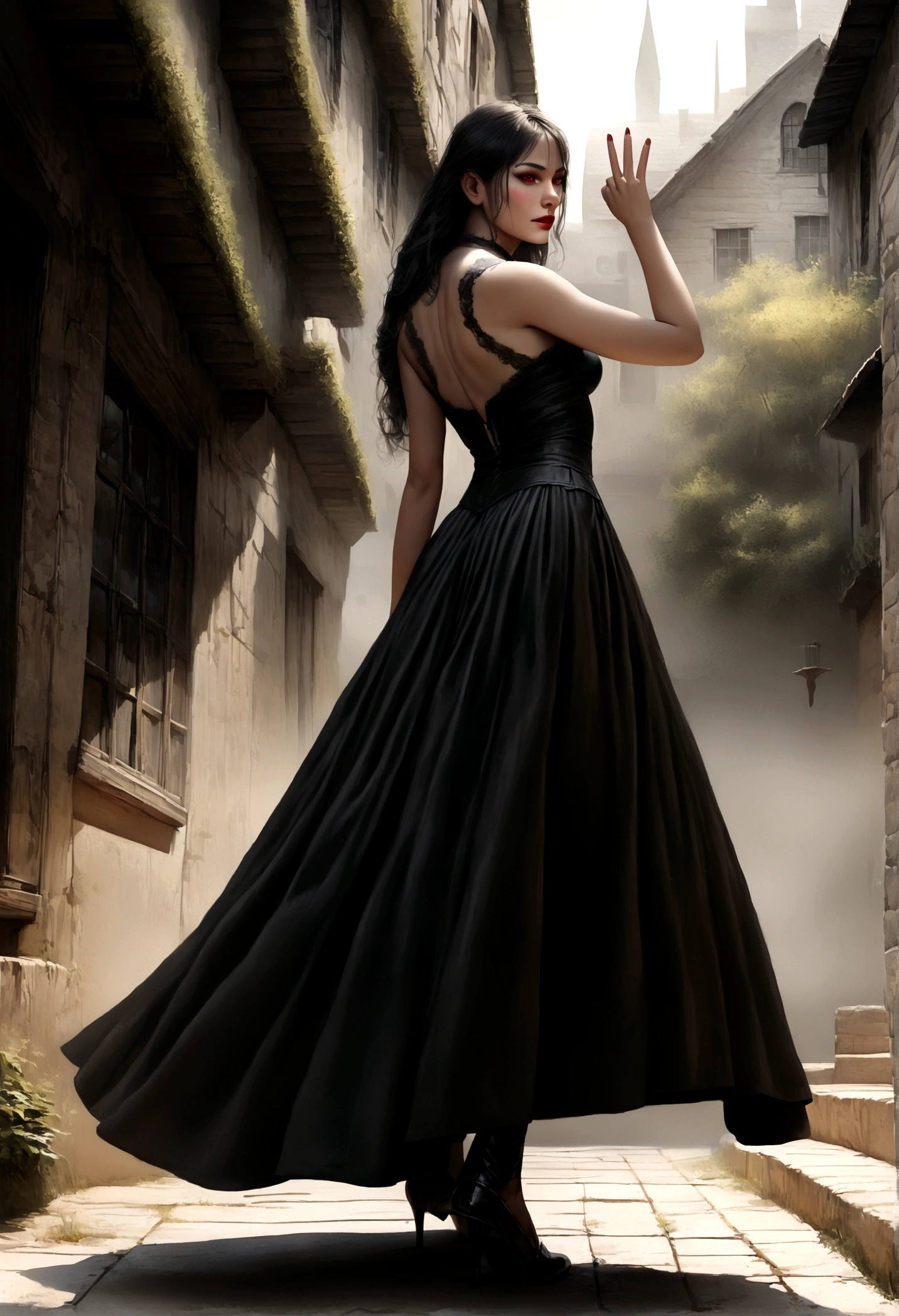 (best quality,4k,8k,highres,masterpiece:1.2),ultra-detailed,(realistic,photorealistic,photo-realistic:1.37), anime goth korean girl, gothic,1woman,dark town,red eyes,dark ambient,low saturation,anime style,pale skin,long flowing hair,gothic clothing,silhouette,surreal background,mysterious atmosphere,intense emotions,melancholic expression,lens flare,dramatic shadows,symbolic elements,heavy makeup,pale and dark colors,misty fog,ethereal beauty,subtle texture, dark makeup, back shot , full body, wicked smile, seductive witch, the "S" curve model pose

