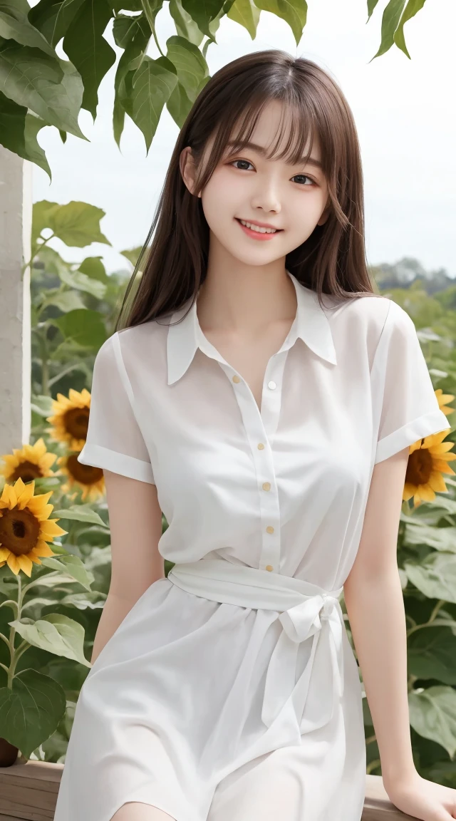 Tabletop, Highest quality, Very detailed, In detail, High resolution, 8k wallpaper, Beautiful big eyes,Black-haired、, Slender body、爽やかなsmile、Shows the whole body down to the waist、Very beautiful face,Very well-formed face、With sunflowers in the background、A beautiful girl wearing a short-sleeved dress shirt、smile、