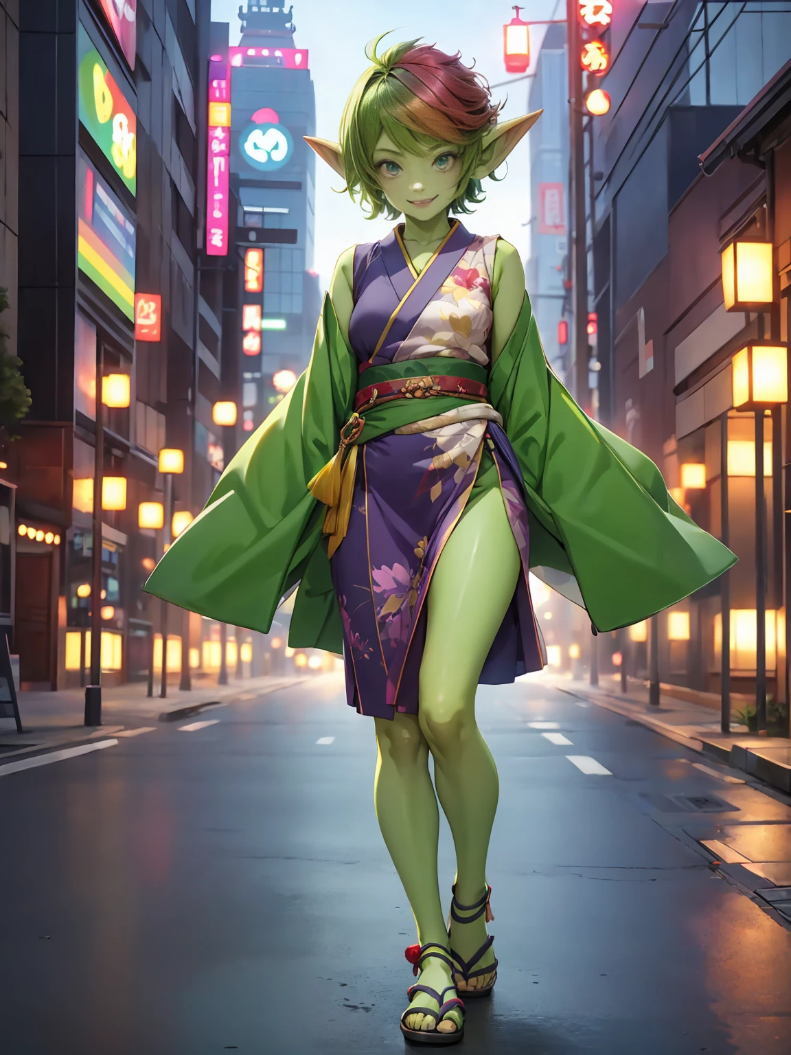 1 girl, short hair, green goblin girl, green skin, small pointy ears, (rainbow hair), wearing fashionable Japanese urbanwear, smiling, sandals, full body, walking in tokyo, dynamic pose, outdoors, in toyko, city, dusk, dynamic lighting, tokyo background