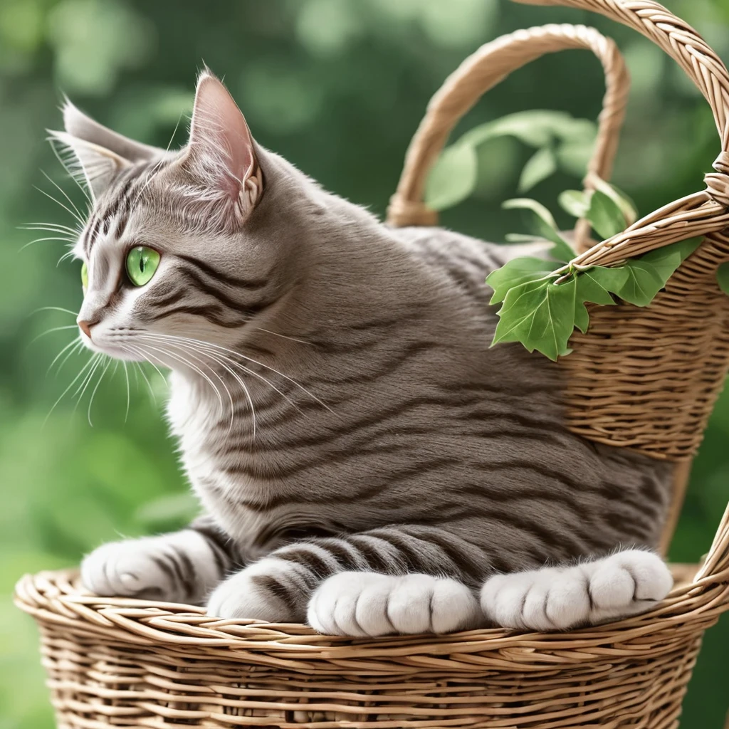 (((masterpiece))),(((Best quality))),((ultra detailed)),((cat)) From the cartoon, Gray, cute eyes, green eyes, is sitting, in the basket