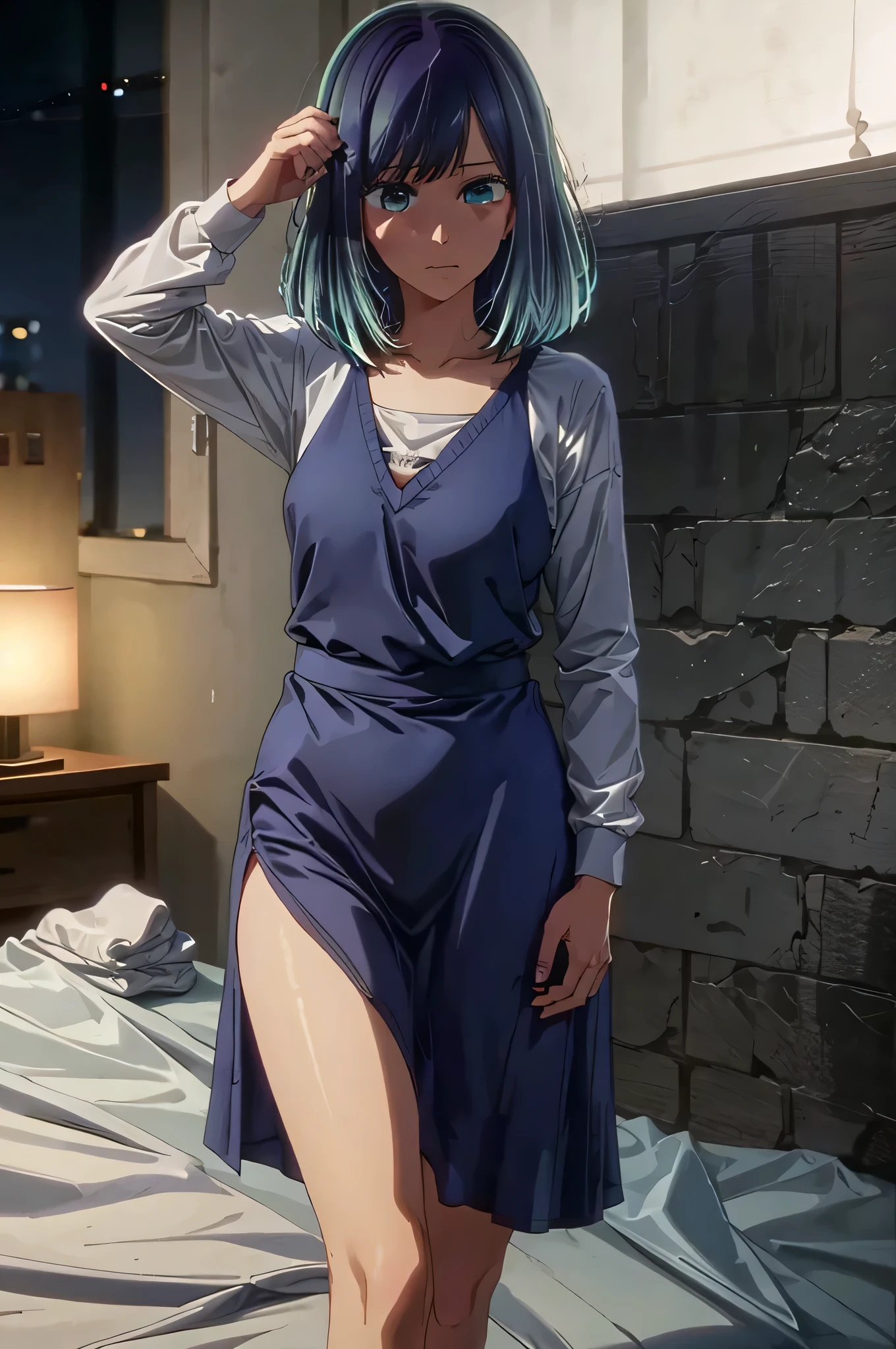 Hot girl going to sleep, Night, dark, moonlight, big bed, many blankets, lingerie, tall body, tall, long legs, mature woman, mature, adult, , eft_oshi_akane, alone, 1 girl, blue hair, looking at viewer, medium hair, bangs, closed mouth, green eyes, multicolored hair, short hair, faded hair, blue eyes, more details XL