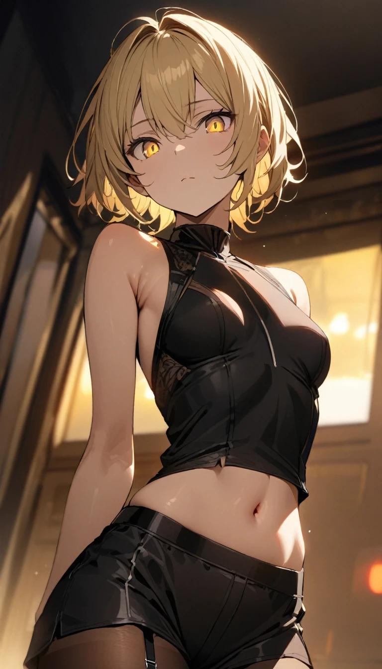 a handsome girl, solo, blond hair, cool hair, yellow eyes,(bright eyes:1.2),
black high neck sleeveless, [navel], black shorts, garter rings, pantyhose,
expressionless, blurry background, perfect lighting, perfect angle, masterpiece, best quality, extremely detailed face, perfect pose