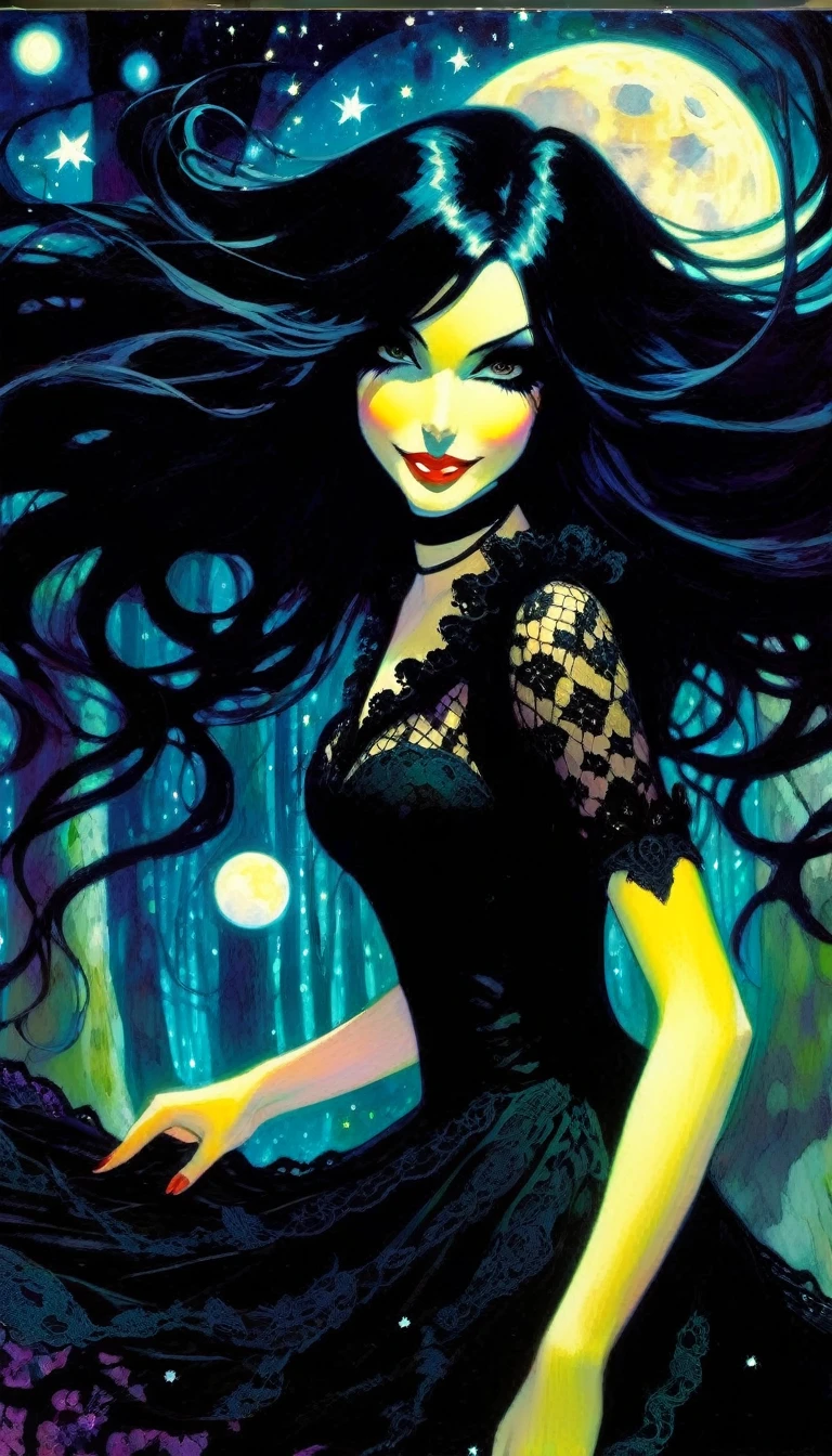 magical girl, very long black hair, very sexy lace dress, naked sinister forest, magic, fantastic, night sky, moons, stars, background, nsfw, face full week, week in face, week in body, all week full, smile, (art inspired by Bill Sienkiewicz). oil painting)