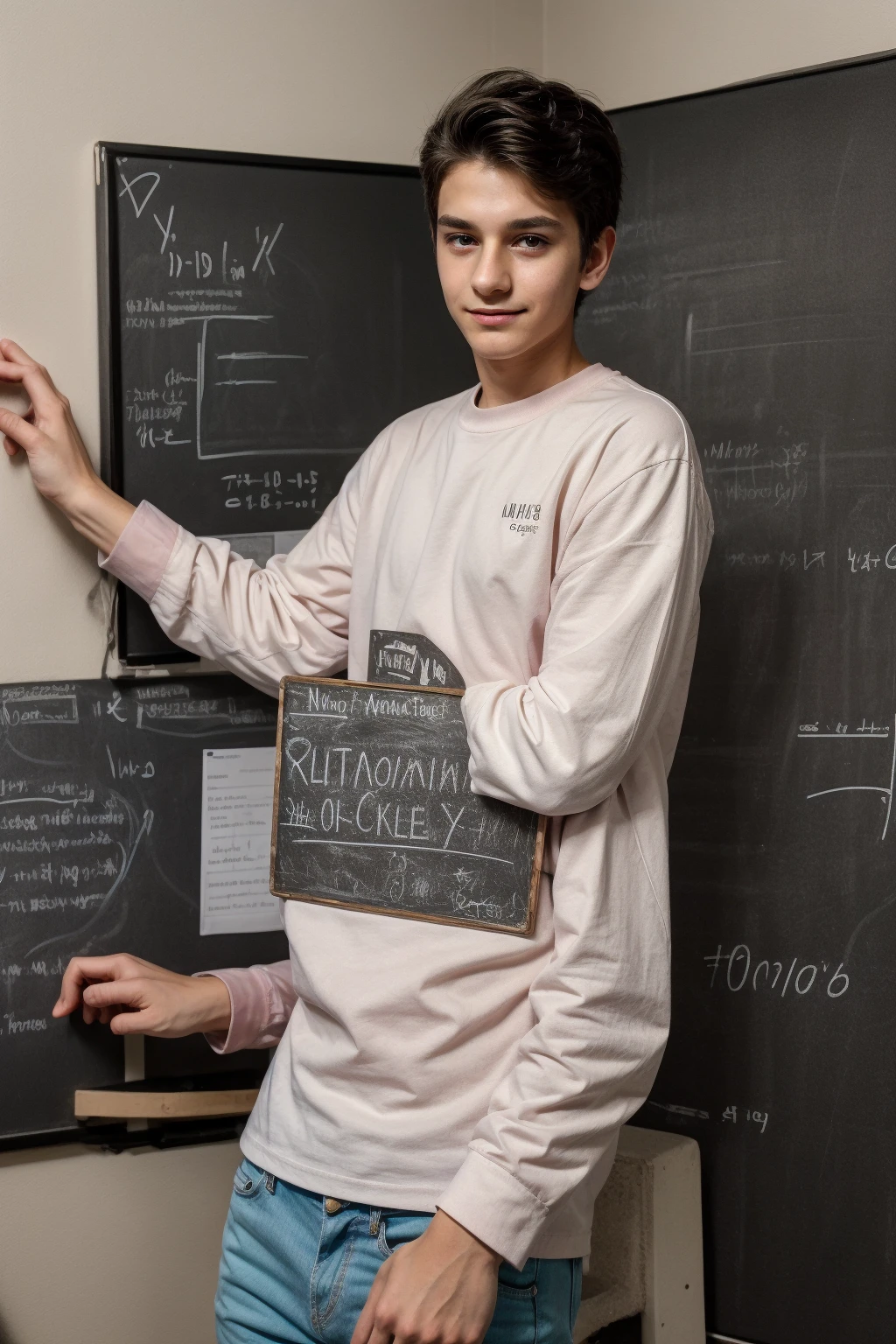 A beautiful young man, a cute male twink, with black hair, wearing a white long-sleeved shirt and jeans, and he is in his office, and behind him is a blackboard with calculus written on it, and neon energy comes out of the blackboard, and he looks on proudly.
