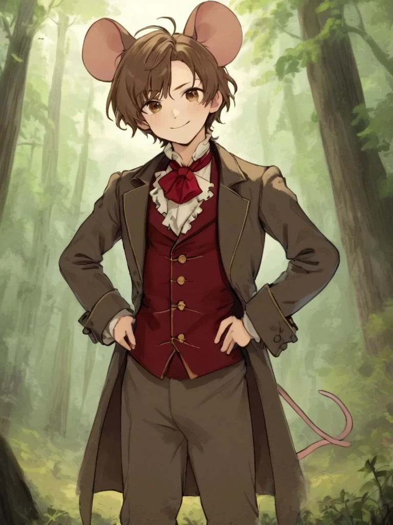 1boy, solo, kemonomimi, Mouse boy, mouse ears, 1 mouse tail, chin length silver hair, brown eyes, young, short, hands on hips, 1840s era clothing, tattered clothing, Frock coat, red cravat, smirking, fair-skinned, looking up at viewer, forest background
