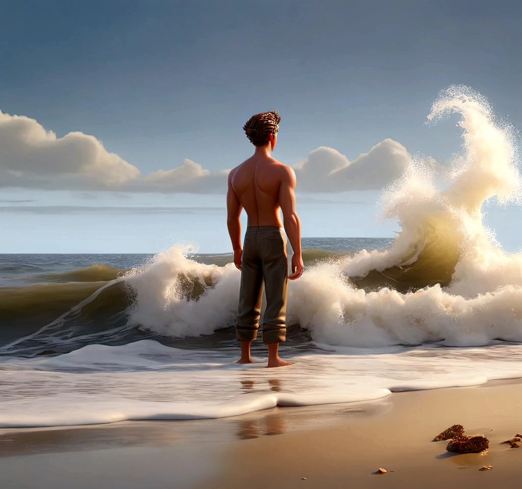 Create an image of a figure standing at the shore, looking out at the vast ocean. The waves are gently crashing, reflecting the early morning light."