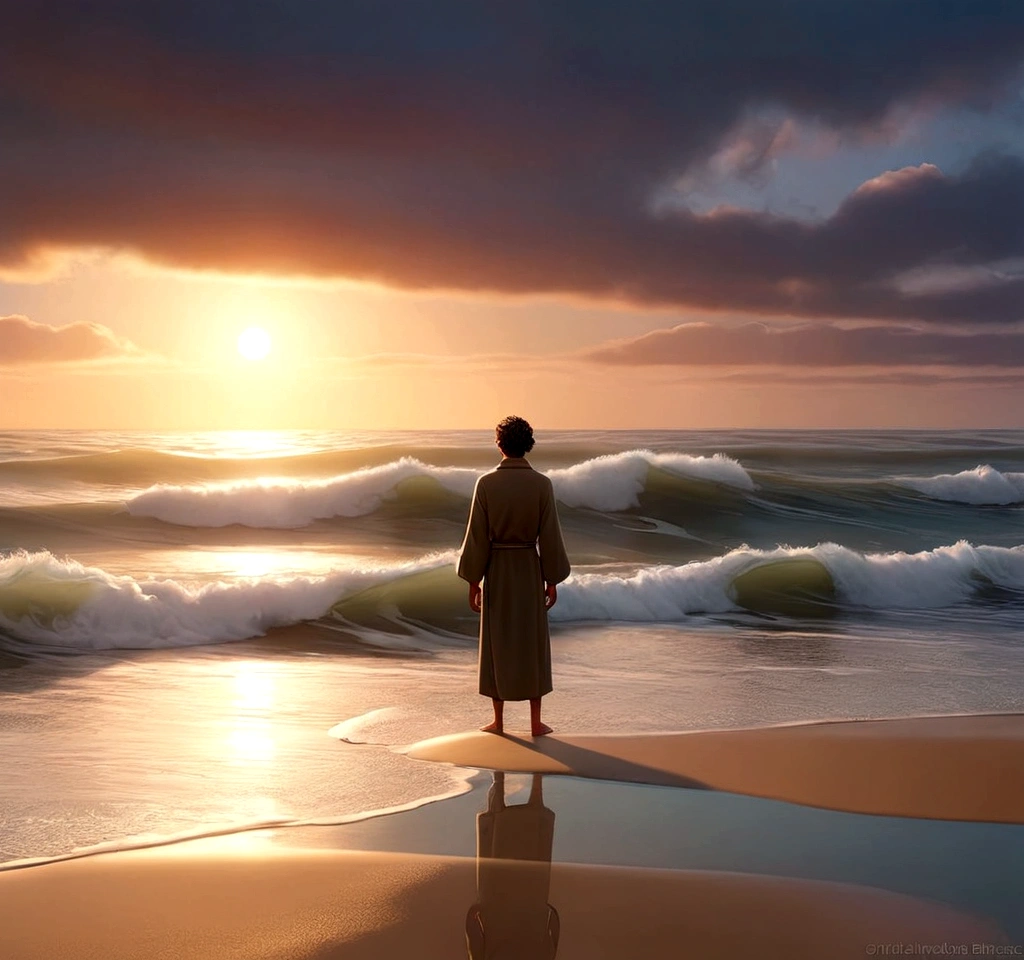 Create an image of a figure standing at the shore, looking out at the vast ocean. The waves are gently crashing, reflecting the early morning light."
