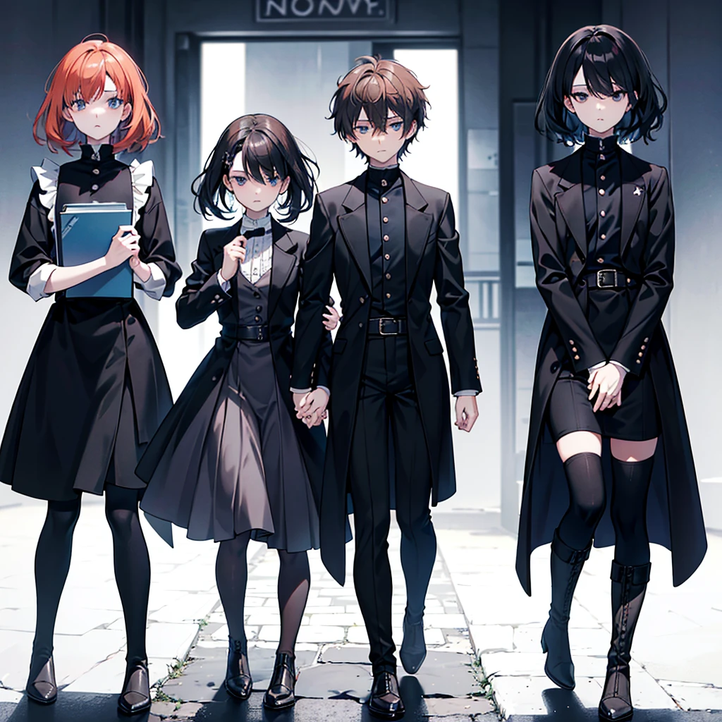 There are just two person. The first person is a woman named Marnie. She has short, curly and wavy dark brown hair. She has black eyes. Her personality is calm, blank, introvert. She is wearing dark red suit. She is wearing white boots. She has black eyes. Her personality is blank, introverted and calm. The second person is a man named Noah. He has short, straight, ginger hair. He has green eyes. He is wearing a dark blue  He is wearing black boots. His personality is shy, energetic and extrovert. Noah is very clingy towards Marnie. 